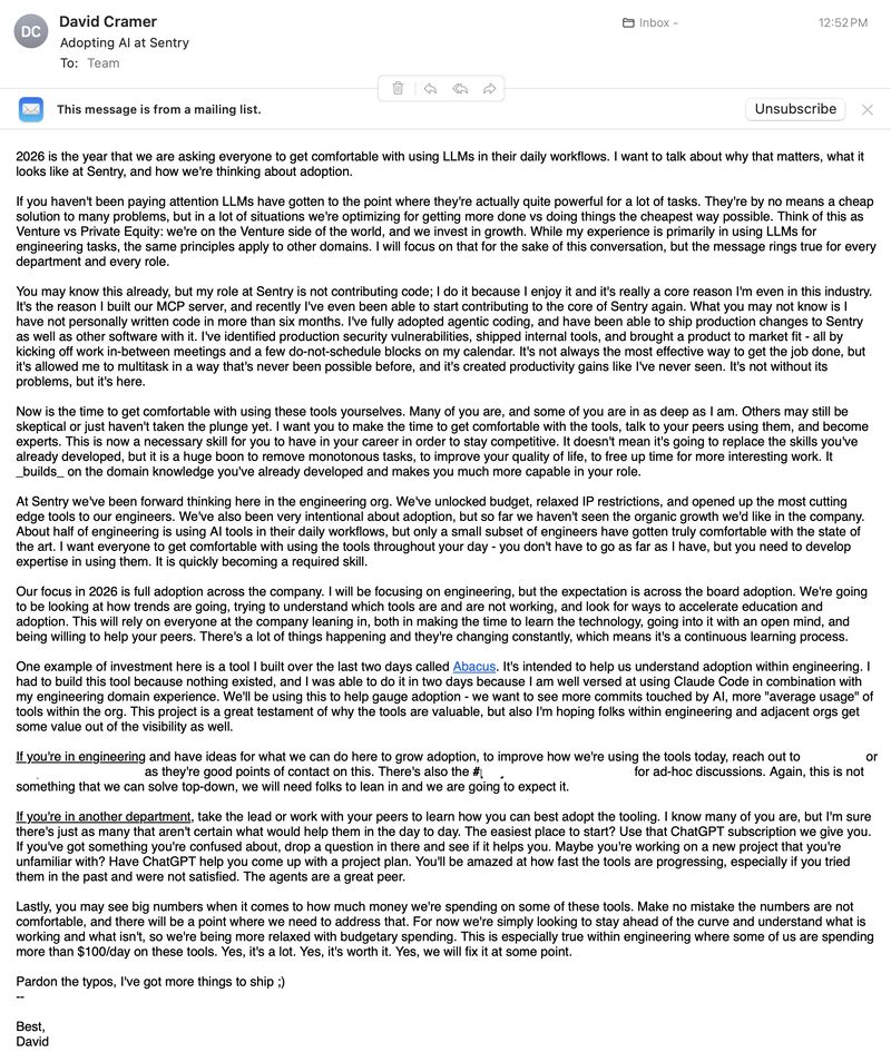 Sentry CEO encouraging AI adoption